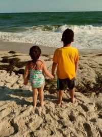 Rear view of two boys playing on beach