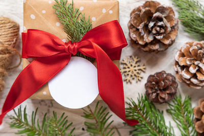 High angle view of christmas decorations on table