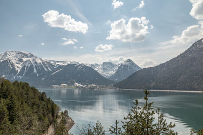 Scenic view of lake and mountains against sky