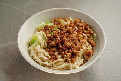 High angle view of food in bowl on table