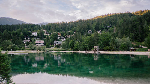 Scenic view of lake by trees against sky