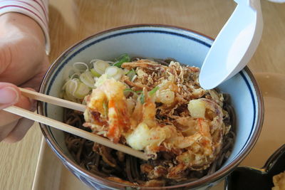 High angle view of food in bowl on table