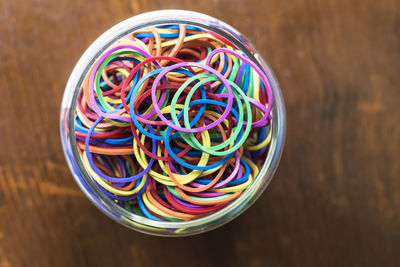 High angle view of multi colored candies on table