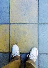 Directly above shot of man standing on tiled street