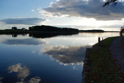 Scenic view of calm lake against cloudy sky