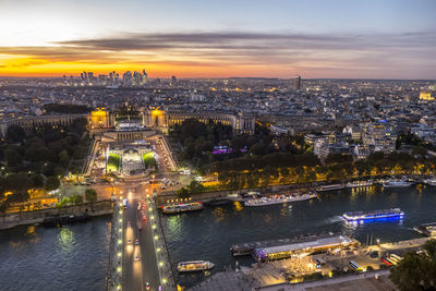 Aerial view of trocadero and the seine river in paris at sunset