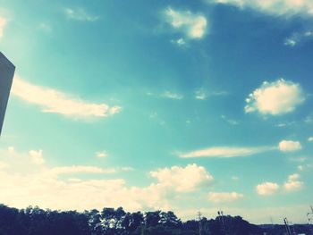 Low angle view of trees against cloudy sky