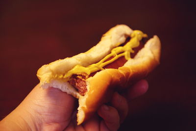 Cropped image of hand holding hot dog