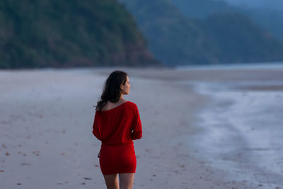 Rear view of young woman standing at beach against sky