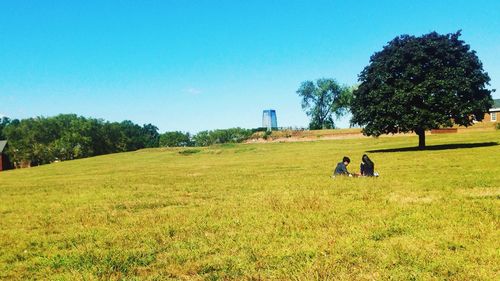 People on field against clear blue sky