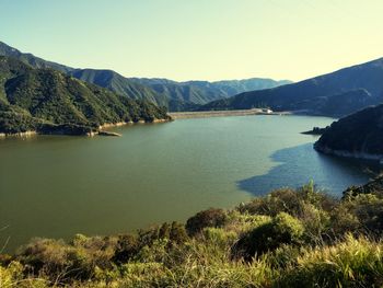 Scenic view of lake against clear sky