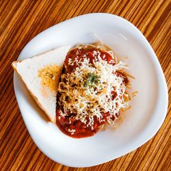 High angle view of breakfast served on table