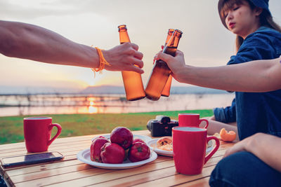 Low angle view of friends toasting beer bottles against sky