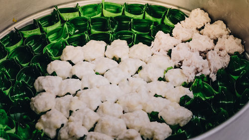 High angle view of chopped vegetables in bowl