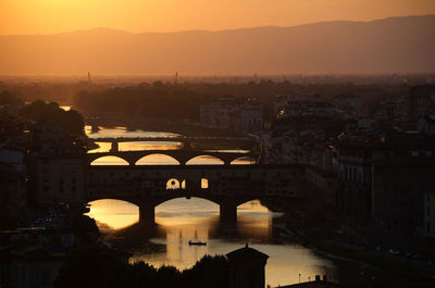 High angle view of bridges over river in city during sunset