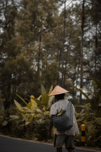 Rear view of man walking in forest