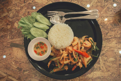 High angle view of food in plate on table