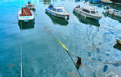 High angle view of boats moored on sea