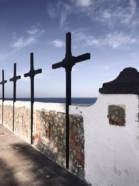 Cross by building against sky