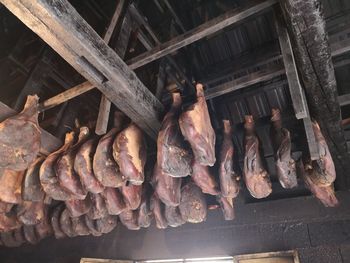 High angle view of meat on barbecue grill