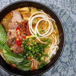 High angle view of food in bowl on table