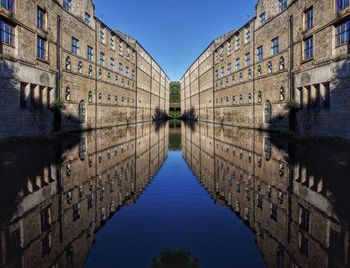 Reflection of buildings in water against clear sky