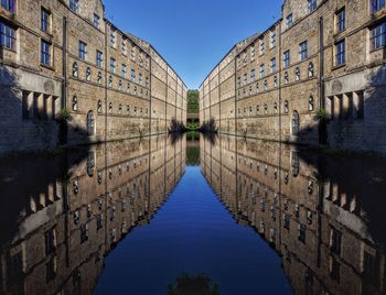 Reflection of buildings in water against clear sky