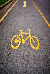 High angle view of bicycle lane marking on road