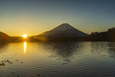 Scenic view of lake and mountains against sky during sunset