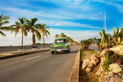 Green taxi on road against sky