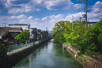 Bridge over river amidst buildings against sky