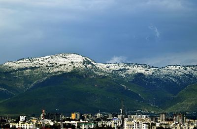 View of cityscape against cloudy sky