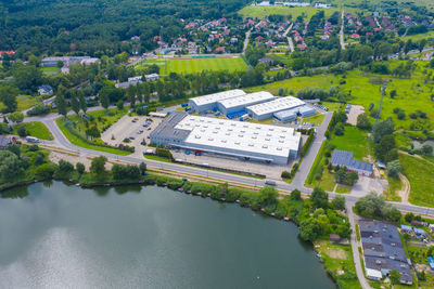 Aerial view of goods warehouse. logistics center in industrial city zone from above. 