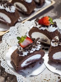 High angle view of chocolate cake on table