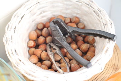 High angle view of eggs in basket on table
