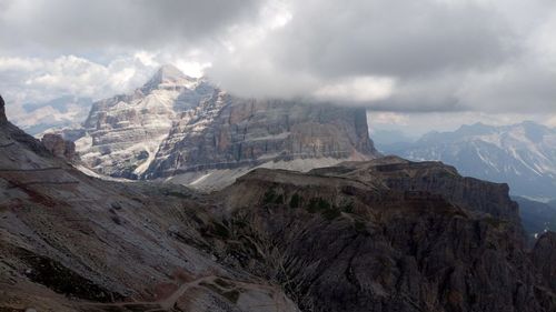 Scenic view of mountains against cloudy sky