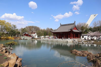 Houses by lake and buildings against sky