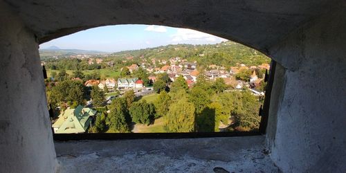 View of townscape seen through window