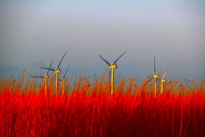 Close-up of wind turbines on field against sky