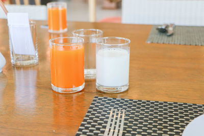 Close-up of orange juice on table