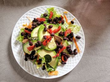 High angle view of salad in plate on table