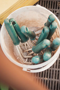 High angle view of eggs in basket on table