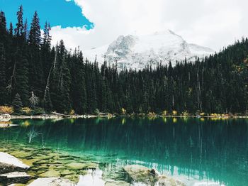 Scenic view of lake by mountain against sky