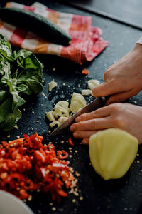 Midsection of person preparing food in kitchen