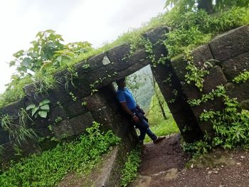 Man climbing on wall by tree against sky