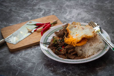 High angle view of food in plate on table