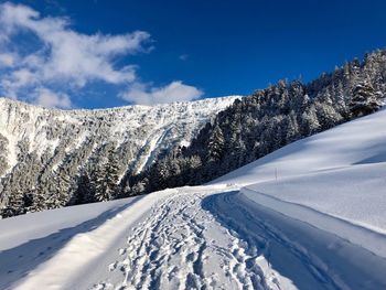 Snow covered mountain against blue sky