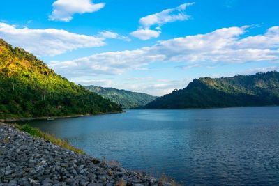 Scenic view of lake and mountains against sky