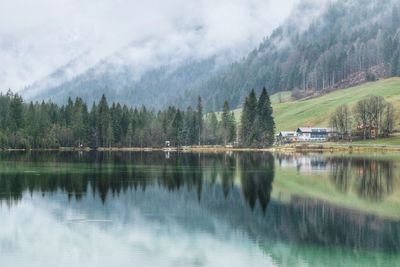 Scenic view of lake by trees against sky