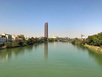 Scenic view of river by buildings against clear sky